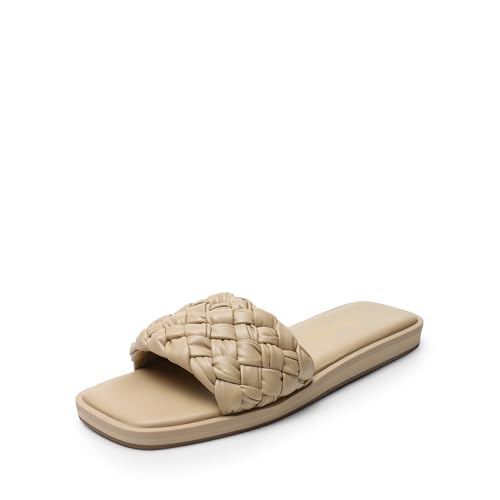 DREAM PAIRS Women's Square Open Toe Slide Sandals Cute Slip on Braided Slides Flat Sandals for Summer 6.5 Light Nude