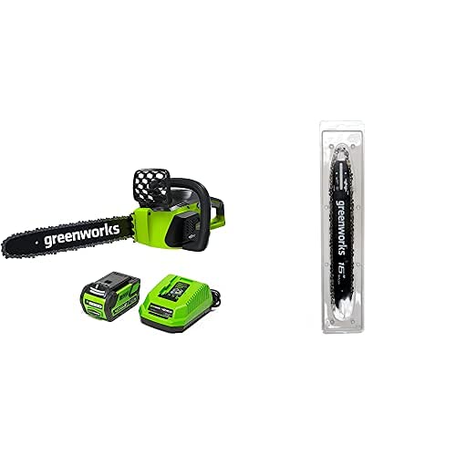 Greenworks G-MAX 40V 16-Inch Cordless Chainsaw, 4AH Battery and Charger and 16-Inch Chainsaw Bar & Chain Combo 2904502 included