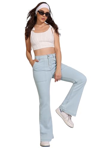 Image of Dolce Crudo Women High-Rise Dark Wash Bootcut Baggy Jeans with Plaid Slit Panel Detail