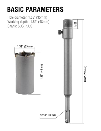 Binota Concrete Hole Saw 35 Mm, Arbor Sds Plus 220Mm, For Cement Wall Brick Sands Stone Sable-Rock Self-Leveling #TOP2