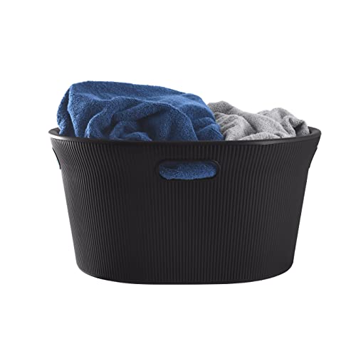 Image of Superio Ribbed Collection - Decorative Plastic Laundry Basket with Cut-Out Handles, Brown (1 Pack) Hamper Organzier for Bedroom Bathroom College Dorm Room 35 Liter