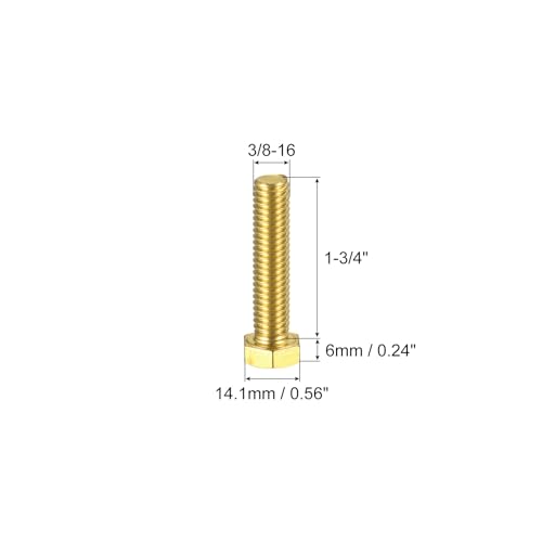 Image of uxcell Brass Hex Bolts, 3 /8-16x1-3 /4 2pcs Fully Thread Grade 4.8 Solid Brass Hexagon Head Bolt Machine Screws for Machinery