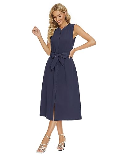Image of Ladyful Women's Sleeveless Cotton Linen Midi Dress V Neck A Line Tank Dress
