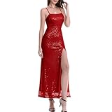 Timathous Women's Bodycon Spaghetti Straps Sequin Slit Maxi Dress Sparkly Glitter Club Party Dresses (201-Red -M)