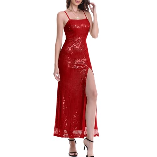 Timathous Women's Bodycon Spaghetti Straps Sequin Slit Maxi Dress Sparkly Glitter Club Party Dresses (201-Red -M)