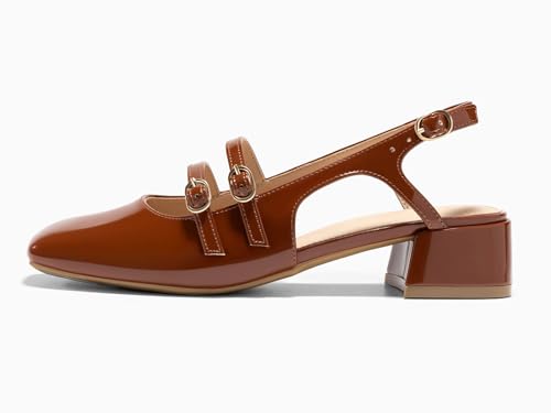 Image of Coutgo Women's Mary Jane Chunky Low Heels Slingback Pumps Closed Square Toe Wedding Dress Shoes