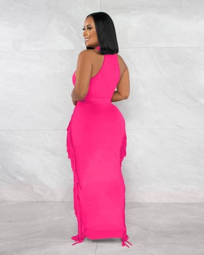 Image of 2 Piece Outfits for Women Sexy Halter Neck Sleeveless Crop Tops Ruched Bodycon Dresses Jumpsuits Fringe Skirt Sets