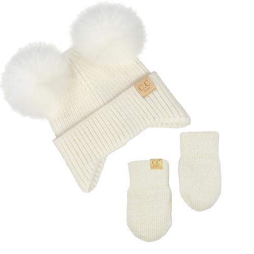 Image of Funky Junque Baby Pom Beanie & Fleece Mittens Set - Warm Winter Essentials - Spring Colors, Classic Neutrals, Pattern Styles