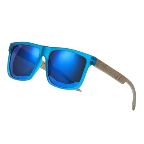 Gyios Lunettes de Soleil en Bois Bambou pour Hommes Et Femmes – À Monture Carrée Vintage Les Voyages, La Plage Un Usage Quotidien Élégant-Bleu (Bleu)