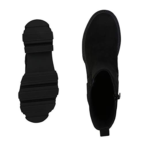 VAN HILL Damen Stiefeletten Freizeit Plateau Vorne Boots Blockabsatz Stiefel Profilsohle Absatzschuhe Herbst Schuhe 197454 Schwarz 38