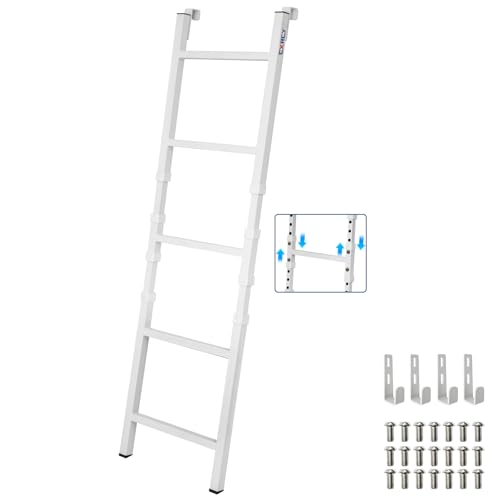 Image of RV Bunk Bed Ladder, Upgraded - Adjustable Height 55 inch-71 inch, Telescoping Heavy Duty Travel Trailer Bed Ladders with 4 Hook and Foot Caps, Anti-Slip Ladder for Home Dorm Appartments, Load 300 LBS -White