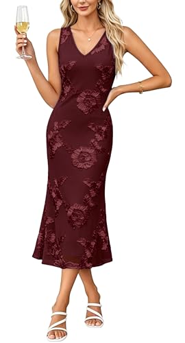 OFEEFAN Elegant Bodycon Midi Wedding Guest Dresses Floral Dress for Women Burgundy L