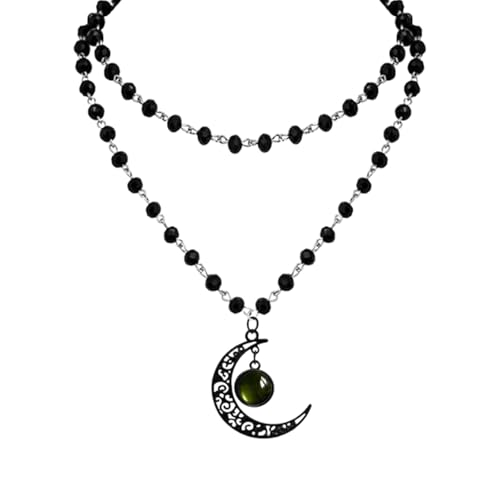 Rrdaily Gothic Moon Crystal Necklace Punk Style Moon Pendant Necklaces Vintage Black Crescent Necklace Dark Gothic Necklaces Costume Jewelry New Year Jewelry for Women (Green3)