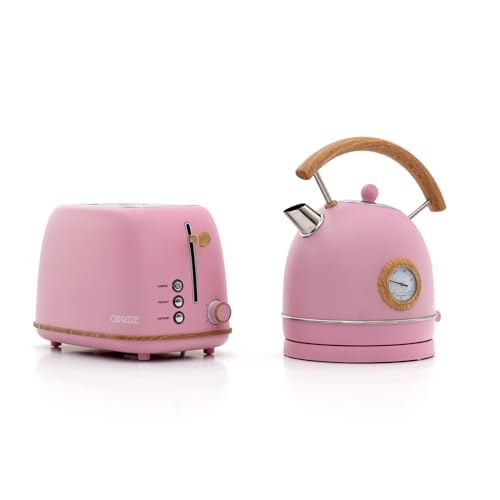 Pack Tostadora de Pan Caprizze Kaito con Doble Ranura Extra Ancha y Hervidora Nara Color Rosa Mate con Diseño Retro Vintage