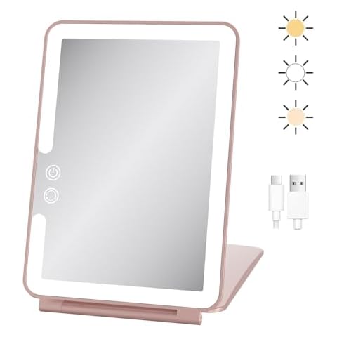 Infitrans Travel Makeup Mirror with Lights, 3 Colors Light Mode, Built in 1800mA Batteries Rechargable Portable Mirror,Vanity Mirror with Light Dimming Touch Sensor (Pink-7 inch) Cover