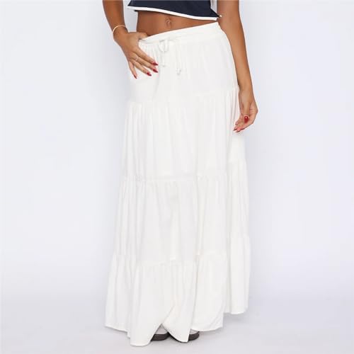 Y2k Women Boho Tiered Maxi Skirt Ruffle Pleated A Line Flowy Long Skirts Elastic Waist Beach Midi Skirt Casual2
