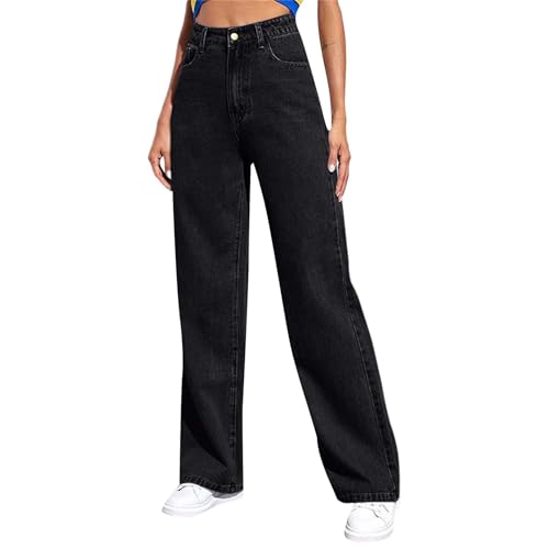 Pantalon Vaquero Mujer Rectos Vaqueros Elástico Anchos Cintura Alta Jeans Holgados Pantalon Pata Ancha Classico con Bolsillos Pantalones Boyfriend Elegantes Vintage Casual Comodos