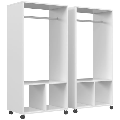 HOMCOM Lot de 2 portants à vêtements penderie Mobile avec roulettes 2 niches + Grand Espace penderie en Bois Blanc