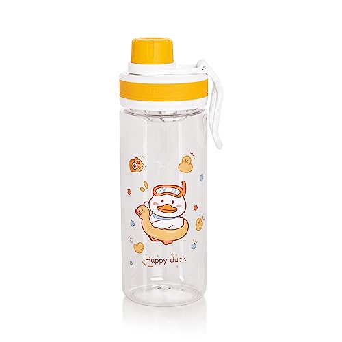 Image of Attro Champ 550ml Cute and Convenient Cartoon Printed Kids Plastic Water Bottle with Designer Hand Strap & Flip Lid BPA-Free-Perfect for School,Sports and Travel -Beige