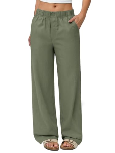 COPYLEAF Linen Pants Women Wide Leg Elastic Waist Flowy Palazzo Casual Pants with Pockets Beach Travel Trousers(Green S)