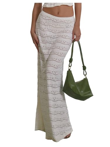 Milumia Women's Hollow Out Knitted Maxi Skirt Boho Low Waist Sheer Summer Long Skirts