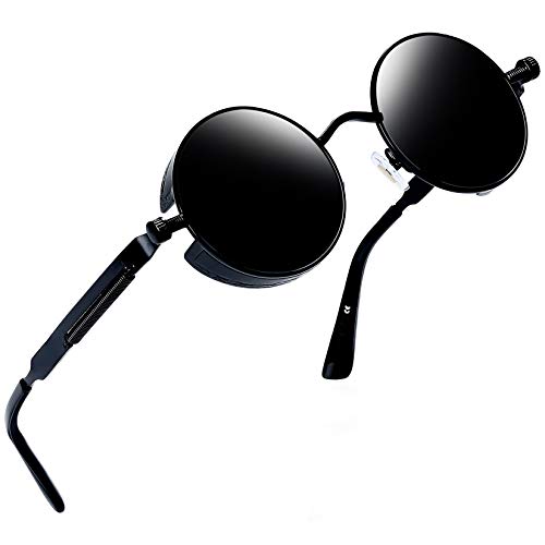 Joopin Retro Polarised Steampunk Sunglasses Round Metal Frame Circle Vintage Sunglasses for Men and Women(Retro Black) steampunk buy now online