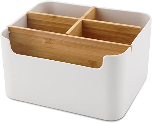 Miners2000 Desk Storage Box, Divided Bamboo Desktop Organizer, Detachable Pen Holder, Pencil Holder, Remote Control Holder, Cell Phone Box, Modern Desk Side Organizer for Office Home Accessories