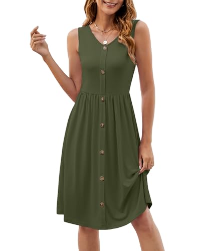 Image of KUOTAI Womens Summer Dresses Sleeveless Casual Loose Swing Button Down Midi Dress V-Neck Flowy A-Line Sundress
