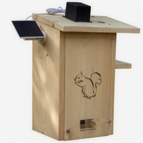 Made in USA Squirrel House with Optional Camera Hanging Squirrel House for Outside with Exterior Porch 2.4ghz Camera with Solar Panel- Applewood Outdoor (with Cam)