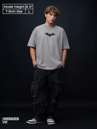 Image of The Souled Store Batman: to The Rescue Men and Boys Short Sleeves Round Neck Grey Graphic Printed Cotton Oversized T-Shirts