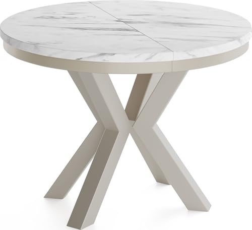 Runder Ausziehbarer Esstisch im Loft-Stil - Industrieller Tisch in Weißer Marmoroptik mit Grau-Beige Kaschmir Metallbeinen - Platzsparender Tisch für Wohnzimmer - Marmor Weiß - 100 bis 180 cm
