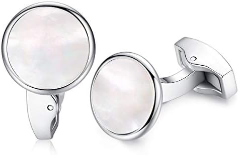 HONEY BEAR Round White Sea Shell/Black Onyx Agate Stone Cufflinks - Stainless Steel for Mens Shirt Wedding Business Gift
