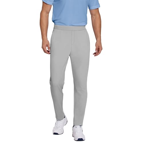 PINSPARK Men's Sweat Elastic Waist Golf Pants Stretch Relaxed Fit Pull on No Belt Loops Casual Dress Pants with Pockets Light Grey
