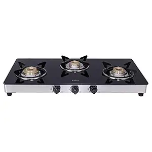 Elica Vetro Glass Top 3 Burner Gas Stove with Double Drip Tray (773 CT DT VETRO), Black, Manual