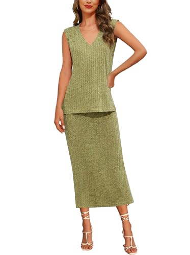 Womens 2 Piece Outfits 2024 Summer Sweater Skirt Sets Casual Sleeveless Ribbed Knit Tank Top Midi Skirt2