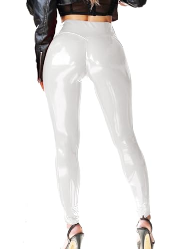 Mstaad Patent Faux Leather Leggings for Women High Waisted Butt Lifting Lacquer Pleather Latex Shiny Pants Concert Outfits White XL