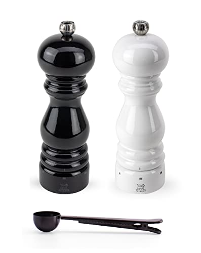 Peugeot Paris u'Select 6 Setting Manual Salt & Pepper Mill Set With Black Stainless Steel Spice Scoop Made In France (White & Black Lacquered, 7- Inch)