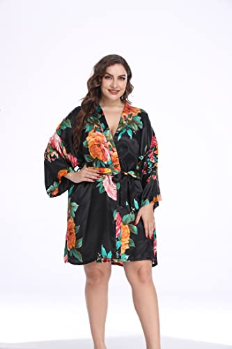 Women's Plus Size Satin Robes Floral Robe Wedding Party Kimono Robes Sleepwear Black 3X-4X Size, Floral Black (Szi-1Black3X/4X) #TOP4