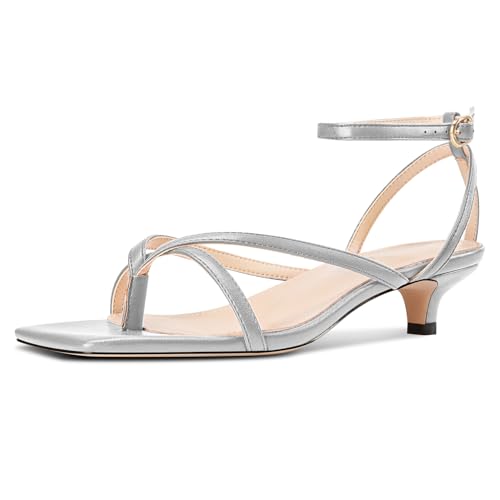 Usikall Womens Low Kitten Heel Square Toe Sandals Ankle Strap Buckle Casual Basic Classic 1.4 Inches Heels