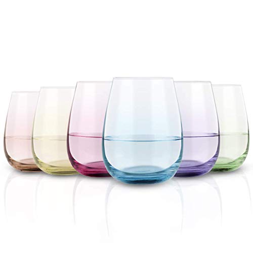 Colored Stemless Wine Glass Set Of 6, Vibrant Splash Wine Glasses With Colored Bottom For Women Men Friends Sister, Good Gift Idea For Festival Wedding Birthday Party, 15 Oz #TOP21