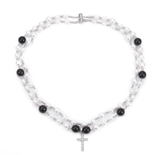 Collar para hombre, collar con colgante de cruz de diamantes de imitación brillantes, perlas de imitación acrílicas, cuentas blancas y negras