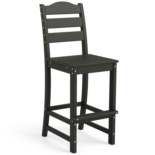 Image of Tangkula Patio HDPE Barstool, Outdoor High Top Bar Chair w /Backrest & Footrest, All-Weather Wood-Plastic Bar Height Chair for Poolside, Backyard, Porch (1, Black)