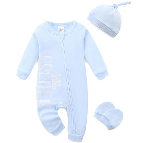 Image of JingleBaBa Newborn Boy Clothes Letter Print One Piece Romper Cotton Baby Coming Home Outfits 3Pcs Little Brother Outfit