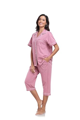 Image of COLORFULLEAF 100% Cotton Capri Pajama for Women Set Summer Short Sleeve Pj Sets for Women Cotton Sleepwear