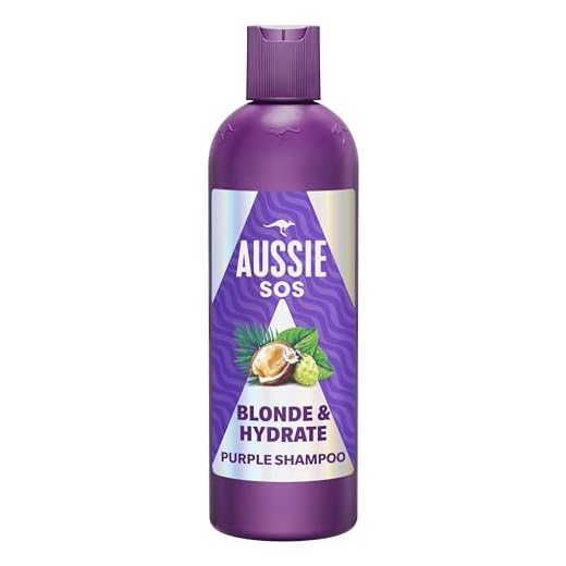 Aussie SOS Blonde & Hydrate Champú Morado 300ml Para Pelo Decolorado, Con Mechas Y Canas. Neutraliza Los Tonos Cobrizos Y Amarillos En Cabello Rubio, Con Reflejos Y Canas. Más Brillo Y Suavidad