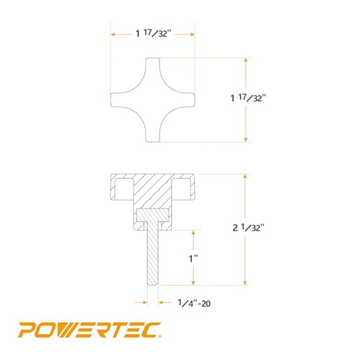 POWERTEC 10 Pack 1/4"-20 4 Point Knobs with 1" Threaded Stud, Thumb Screw Knobs with Bolts for Lawn Mower, Umbrella Base, Woodworking Tools & Jigs, Clamps (QNB3008-P2) by POWERTEC - Image 3