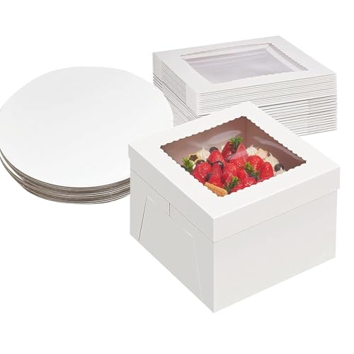 Set di 12 Scatola Torta, 25 x 25 x 20cm Scatole per Torta con Finestra, Scatola Torte in Cartone Bianca per Tortes Dessert, Contenitori per Torte con Vassoi, Scatole Trasportare per Dolci in Cartone