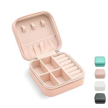 IXAAQ Leather Mini Jewelry Travel Case Small Travel Jewelry Organizer Portable Jewelry Box Travel Mini Storage Organizer Portable Display Storage Box For Rings Earrings Necklaces Gifts (Pink)