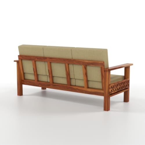 Image of Solid Sheesham Wood 3 Seater Sofa | Premium Wooden Sofa with Upholstered Cushions | Handmade Carved Couch for Living Room, Bedroom & Office