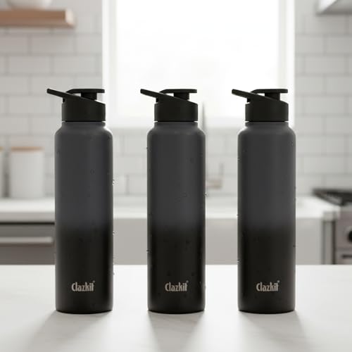 Image of Clazkit Dual Colored Stainless Steel Water Bottle |ISI Certified Leakproof,Durable for School Kids, Fridge, Sports, Gym, Yoga & Office - Easy to Clean & Reusable-1000ml - Set of 3 -Black